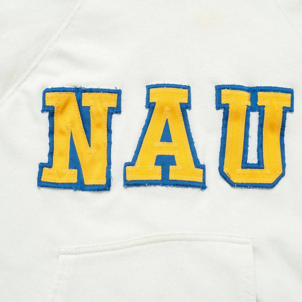 Vintage 70s 80s White Raglan NAU Hoodie Adult Medium Sewn Letters‎ Artex